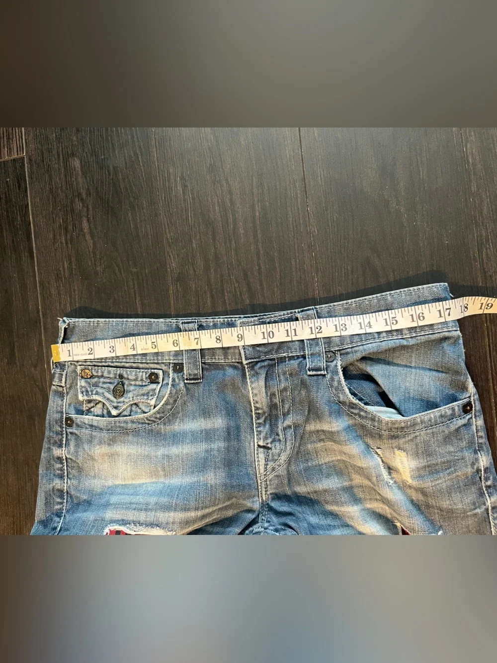 True Religion Men's Distressed Blue Slim Straight Jeans with Red Plaid Insets